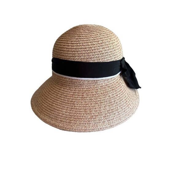 Wide-Brim Straw Sun Hat With Black Ribbon Bow For Women UV Protection By Comhats - Picture 3 of 5